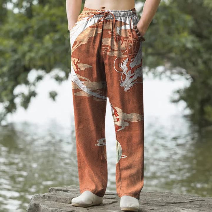 Buddha Stones Pantalon fuselé pour homme en coton blanc à motif nuage de dragon, avec poches - Terre de sienne - US/UK/AU50，EU60 (5XL) - image 6
