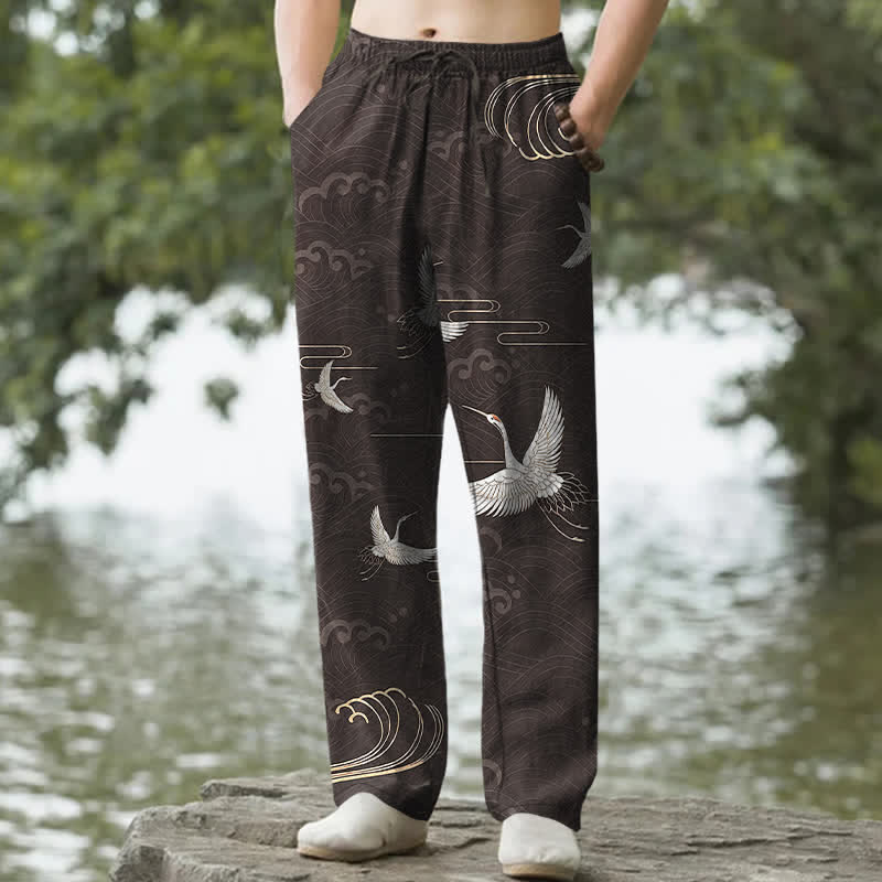 Buddha Stones Pantalon fuselé pour homme en coton blanc à motif de vagues dorées et grues, avec poches - Noir - US/UK/AU50，EU60 (5XL) - image 0