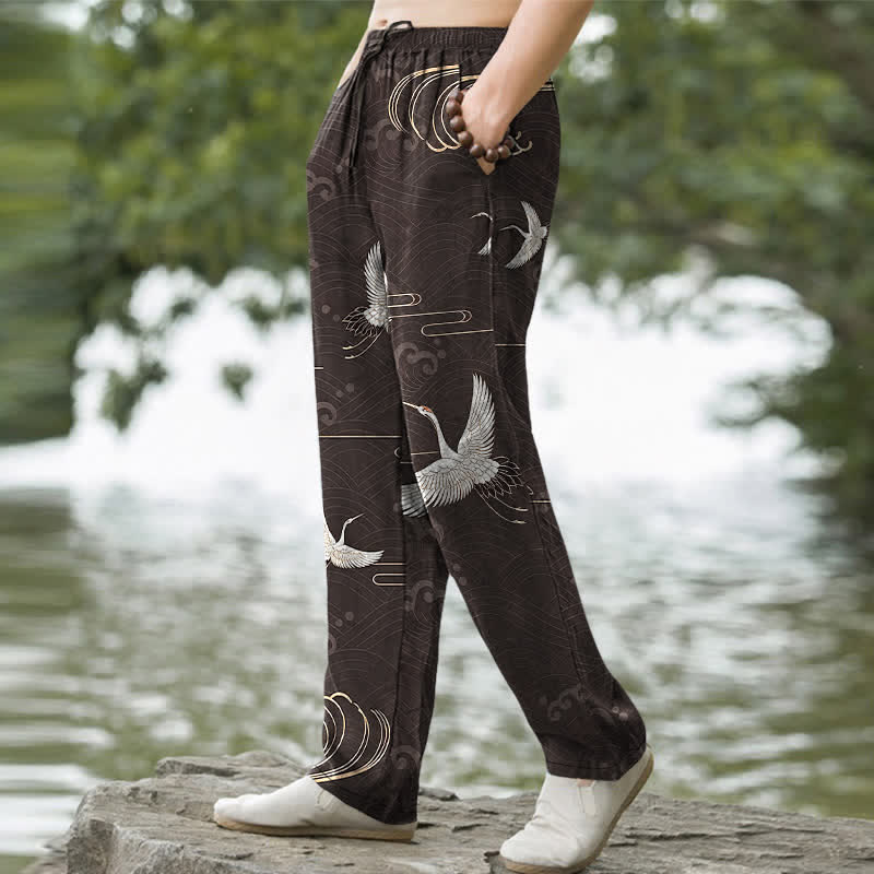 Buddha Stones Pantalon fuselé pour homme en coton blanc à motif de vagues dorées et grues, avec poches - image 1