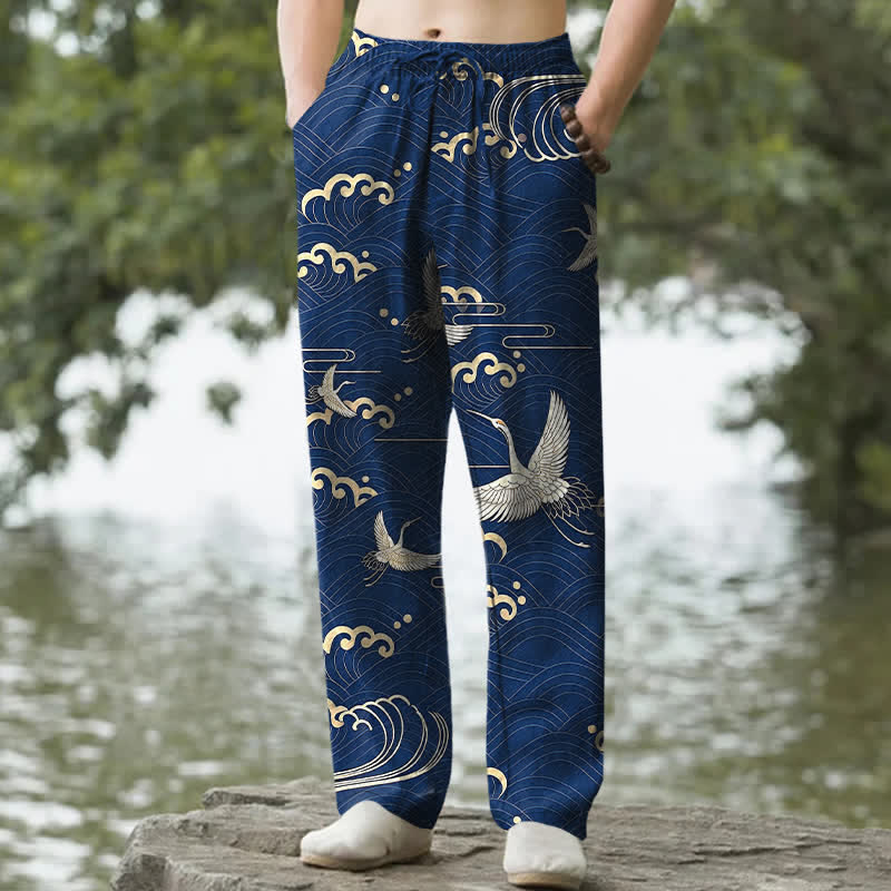 Buddha Stones Pantalon fuselé pour homme en coton blanc à motif de vagues dorées et grues, avec poches - Marine - US/UK/AU50，EU60 (5XL) - image 4