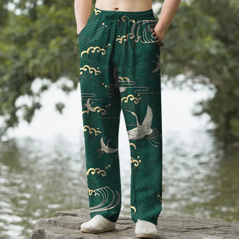 Buddha Stones Pantalon fuselé pour homme en coton blanc à motif de vagues dorées et grues, avec poches - Vert forêt - US/UK/AU50，EU60 (5XL) - image 6