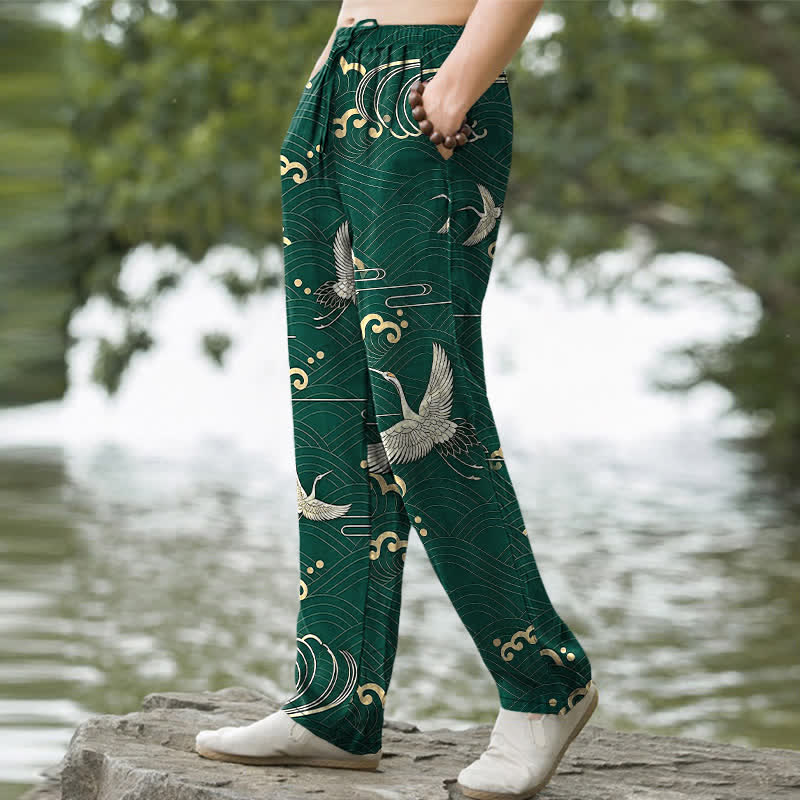 Buddha Stones Pantalon fuselé pour homme en coton blanc à motif de vagues dorées et grues, avec poches - image 7