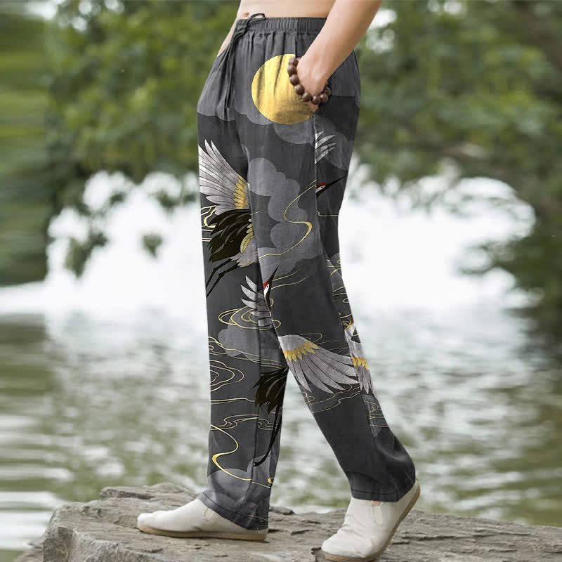 Buddha Stones Pantalon fuselé pour homme en coton, motif grue blanche poursuivant le soleil, avec poches - image 1