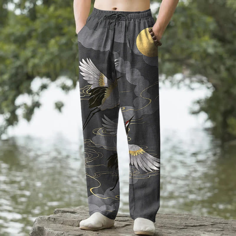 Buddha Stones Pantalon fuselé pour homme en coton, motif grue blanche poursuivant le soleil, avec poches - Gris sombre - US/UK/AU50，EU60 (5XL) - image 0