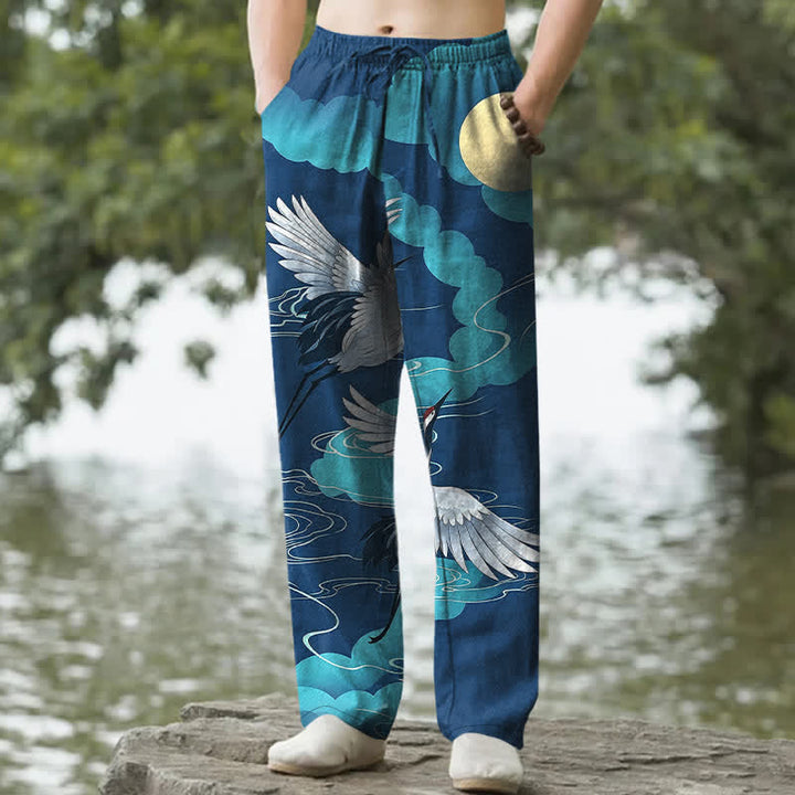 Buddha Stones Pantalon fuselé pour homme en coton, motif grue blanche poursuivant le soleil, avec poches - Bleu royal - US/UK/AU50，EU60 (5XL) - image 4