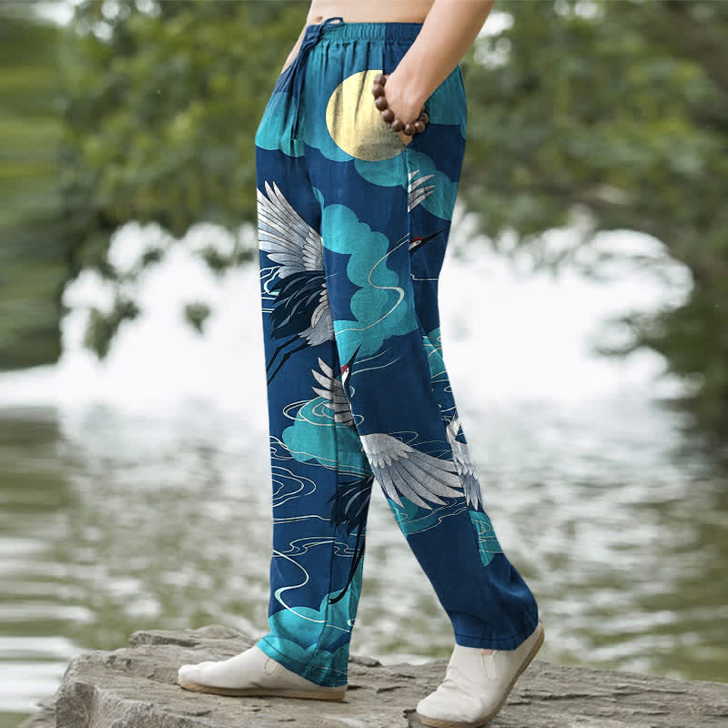 Buddha Stones Pantalon fuselé pour homme en coton, motif grue blanche poursuivant le soleil, avec poches - image 5