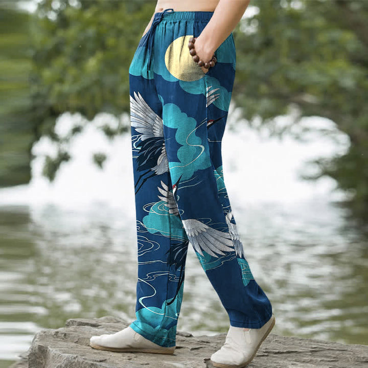 Buddha Stones Pantalon fuselé pour homme en coton, motif grue blanche poursuivant le soleil, avec poches - image 5