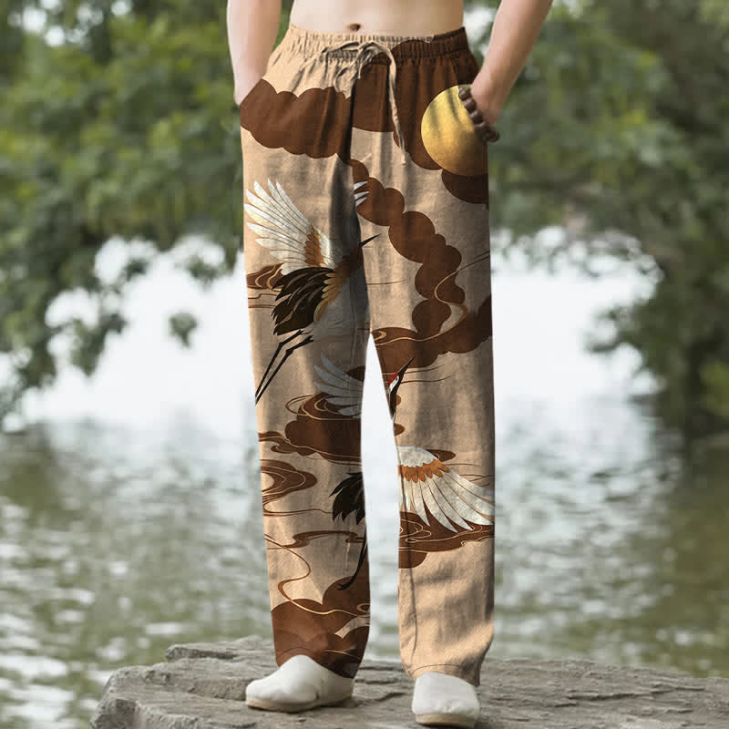 Buddha Stones Pantalon fuselé pour homme en coton, motif grue blanche poursuivant le soleil, avec poches - BurlyWood - US/UK/AU50，EU60 (5XL) - image 6