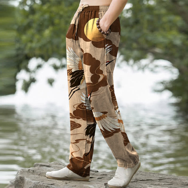 Buddha Stones Pantalon fuselé pour homme en coton, motif grue blanche poursuivant le soleil, avec poches - image 7