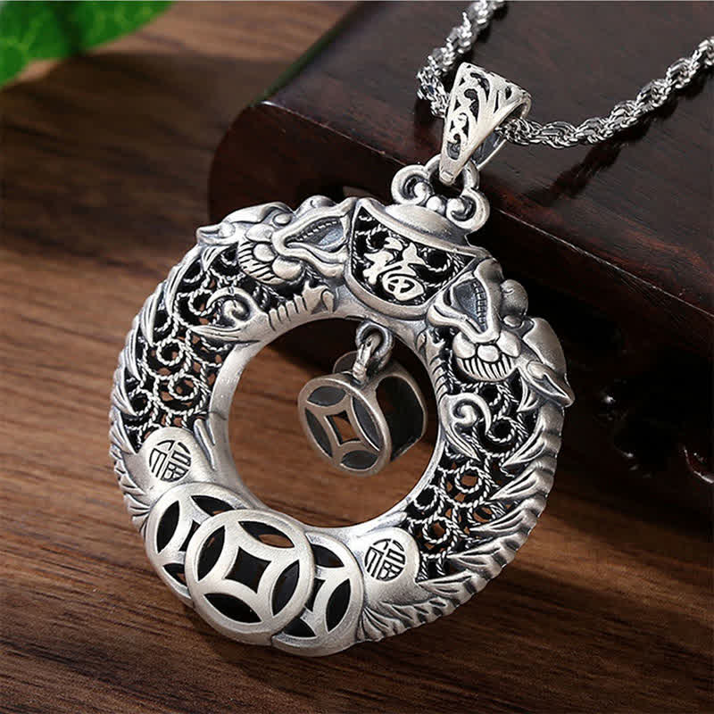 Buddha Stones Collier vintage orné d'une boucle de ceinture sculptée représentant un dragon Fu en cuivre, symbole de paix et de prospérité - image 1