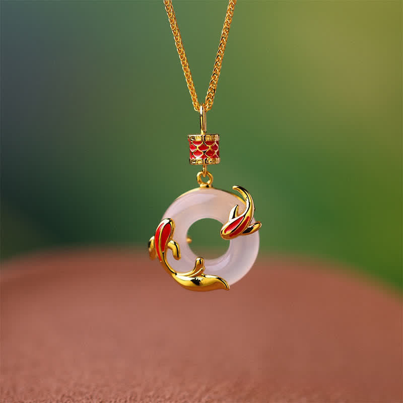 Buddha Stones Collier rond en calcédoine blanche avec boucle de la paix et motif carpe koï - image 8