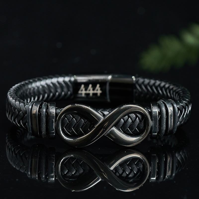 Buddha Stones Bracelet en acier titane renforcé avec les chiffres angéliques 444 et 888 de Infinity Design, en cuir et métal. - 444 Nombre angélique (Tour de poignet 19–20 cm) - image 0