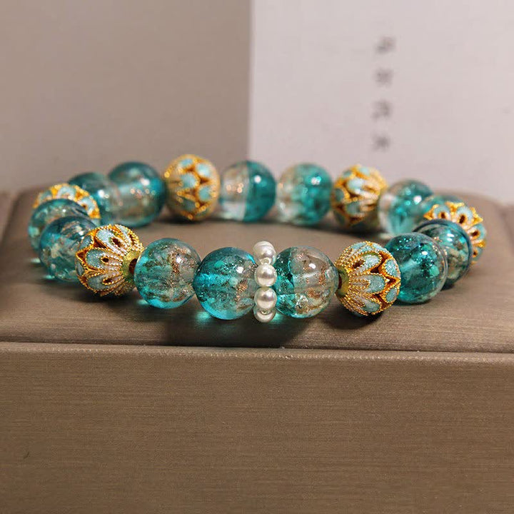 Buddha Stones Bracelet rond chinois neuf en perles de verre Liuli, feuille d'or cloisonnée, pureté - Bleu - Verre (Clarté♥Concentration) - image 4
