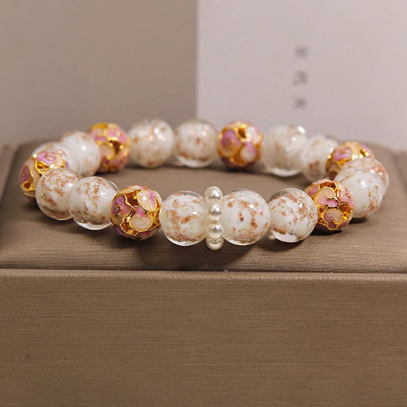 Buddha Stones Bracelet rond chinois neuf en perles de verre Liuli, feuille d'or cloisonnée, pureté - Blanc - Verre (Clarté♥Concentration) - image 2