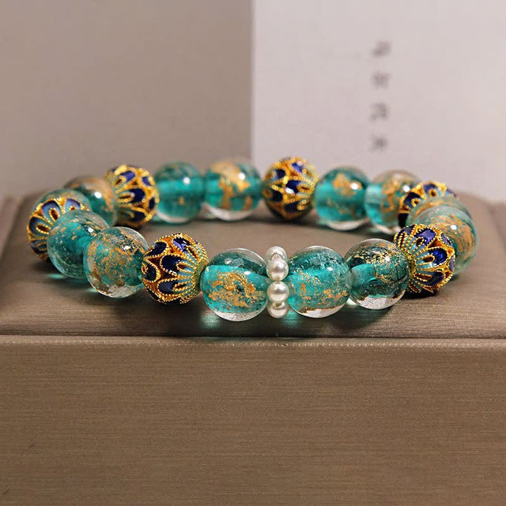 Buddha Stones Bracelet rond chinois neuf en perles de verre Liuli, feuille d'or cloisonnée, pureté - Bleu paon - Verre (Clarté♥Concentration) - image 0
