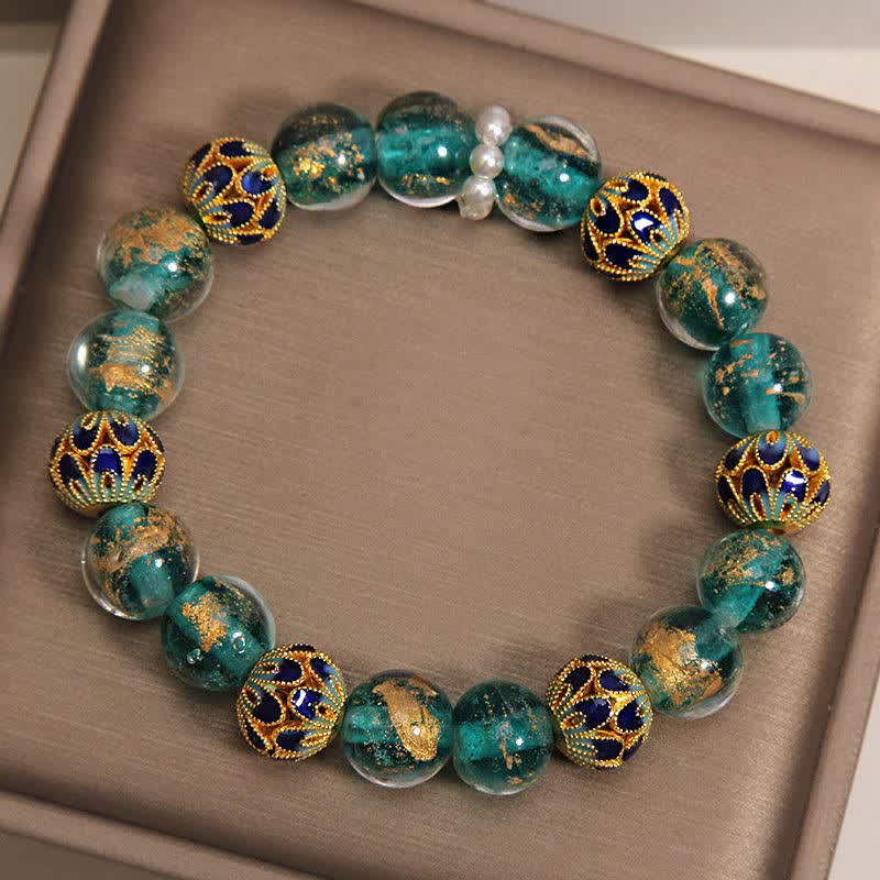 Buddha Stones Bracelet rond chinois neuf en perles de verre Liuli, feuille d'or cloisonnée, pureté - image 9
