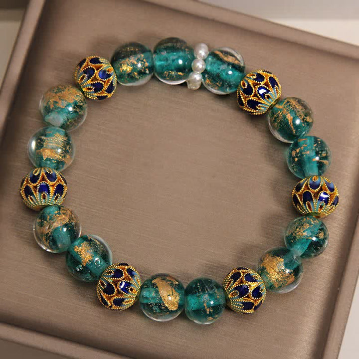 Buddha Stones Bracelet rond chinois neuf en perles de verre Liuli, feuille d'or cloisonnée, pureté - image 9