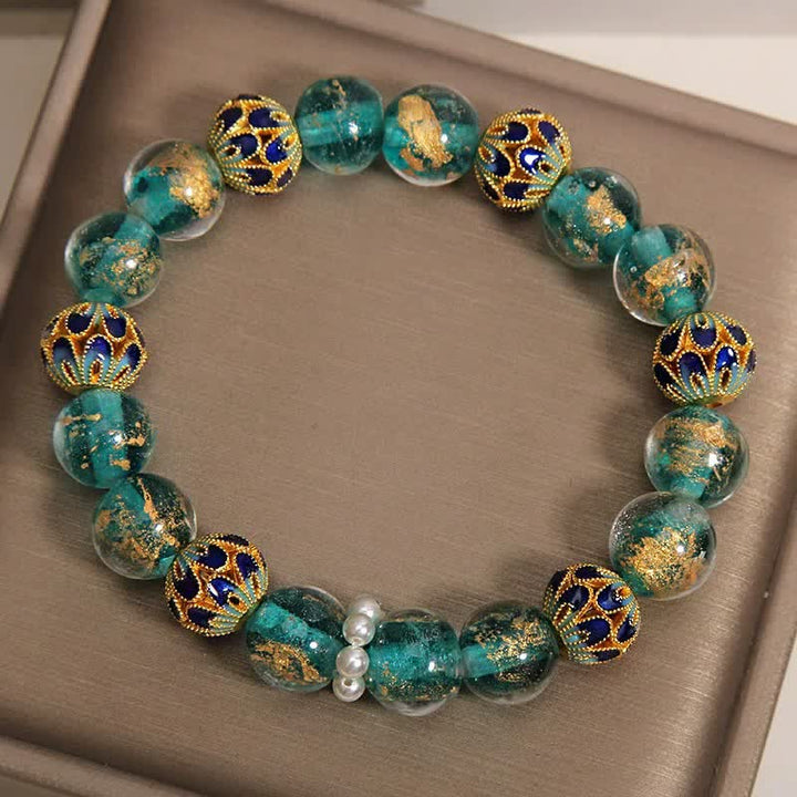 Buddha Stones Bracelet rond chinois neuf en perles de verre Liuli, feuille d'or cloisonnée, pureté - image 8