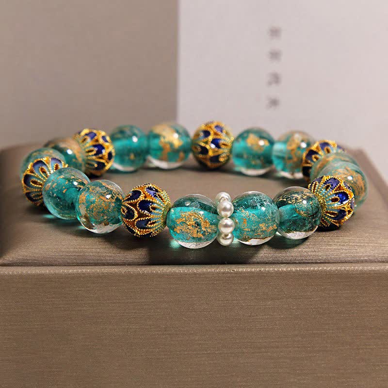 Buddha Stones Bracelet rond chinois neuf en perles de verre Liuli, feuille d'or cloisonnée, pureté - image 6