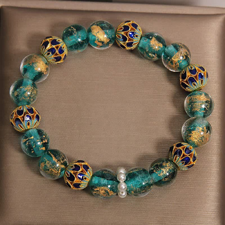Buddha Stones Bracelet rond chinois neuf en perles de verre Liuli, feuille d'or cloisonnée, pureté - image 10