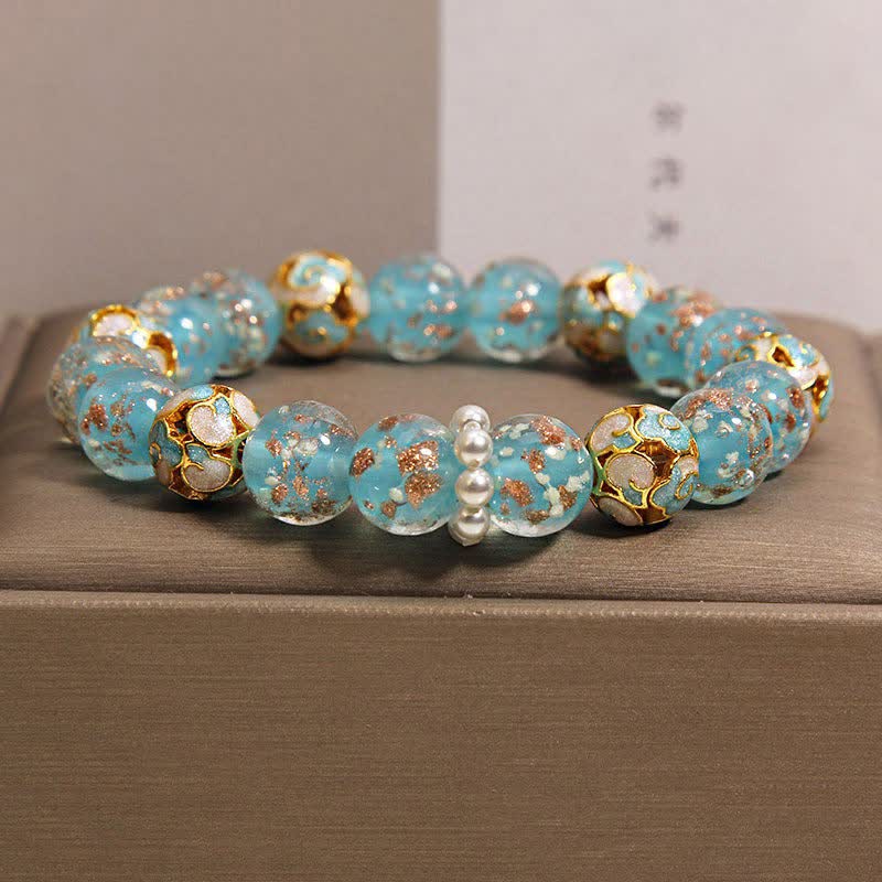 Buddha Stones Bracelet rond chinois neuf en perles de verre Liuli, feuille d'or cloisonnée, pureté - Lac Bleu - Verre (Clarté♥Concentration) - image 3