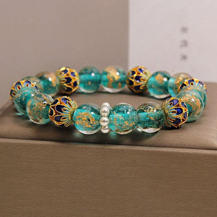 Buddha Stones Bracelet rond chinois neuf en perles de verre Liuli, feuille d'or cloisonnée, pureté - image 7