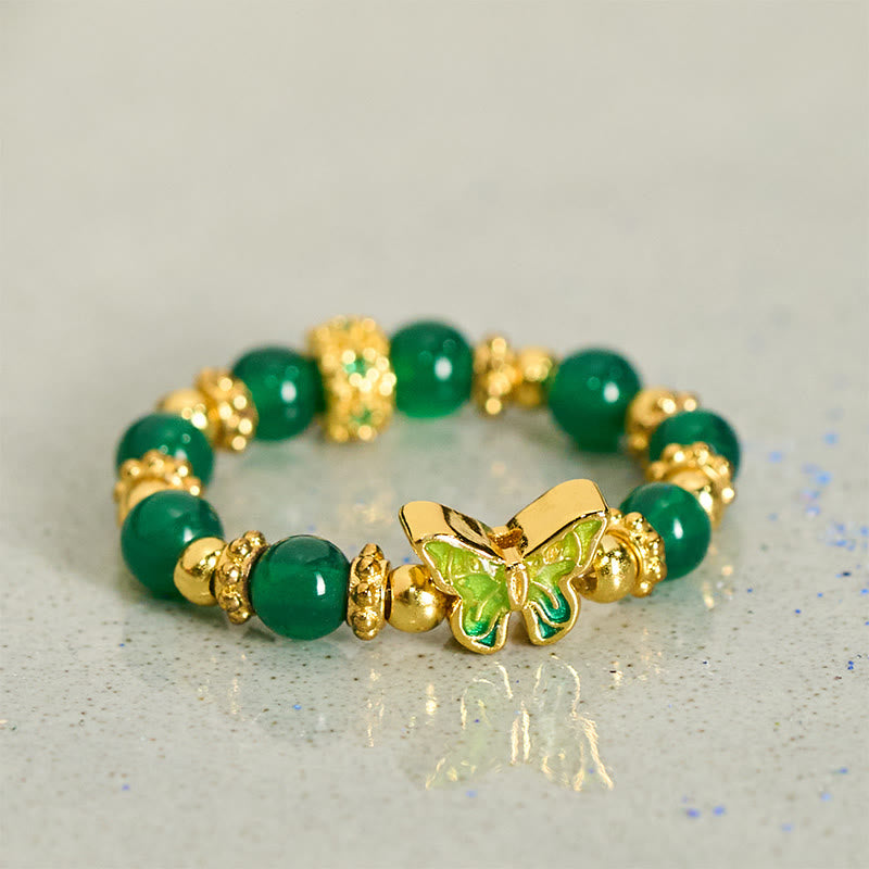 Buddha Stones Bague de renouvellement papillon en cuivre et perle d'agate verte naturelle - image 1