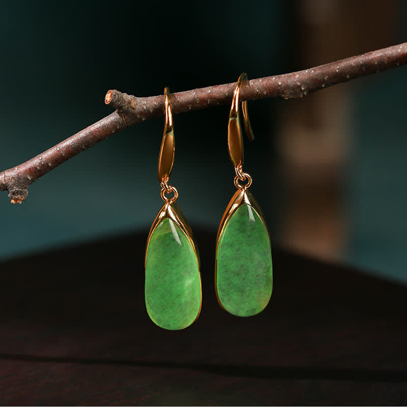 Buddha Stones Boucles d'oreilles Jade en forme de larme, style vintage doré - image 1