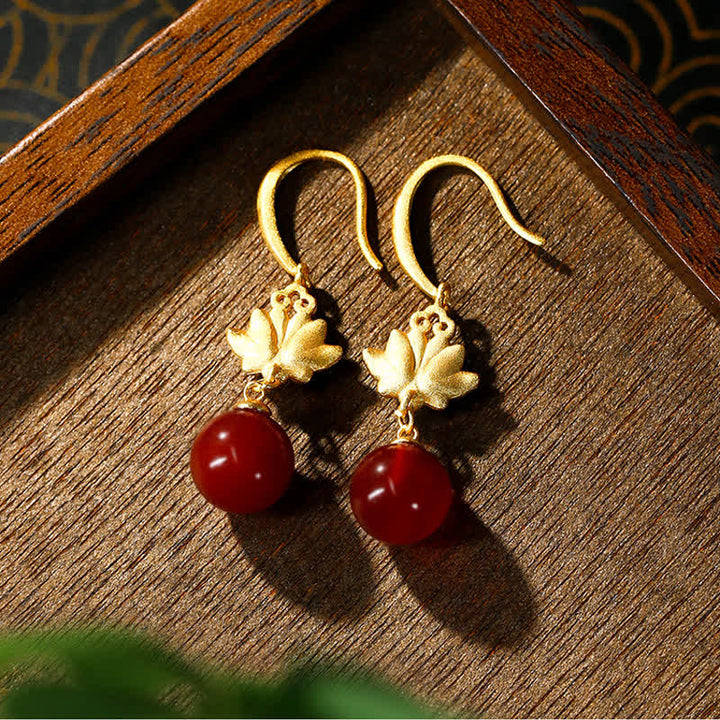 Buddha Stones Boucles d'oreilles pendantes en agate rouge, lotus, émail doré et or, symbole de confiance - image 2