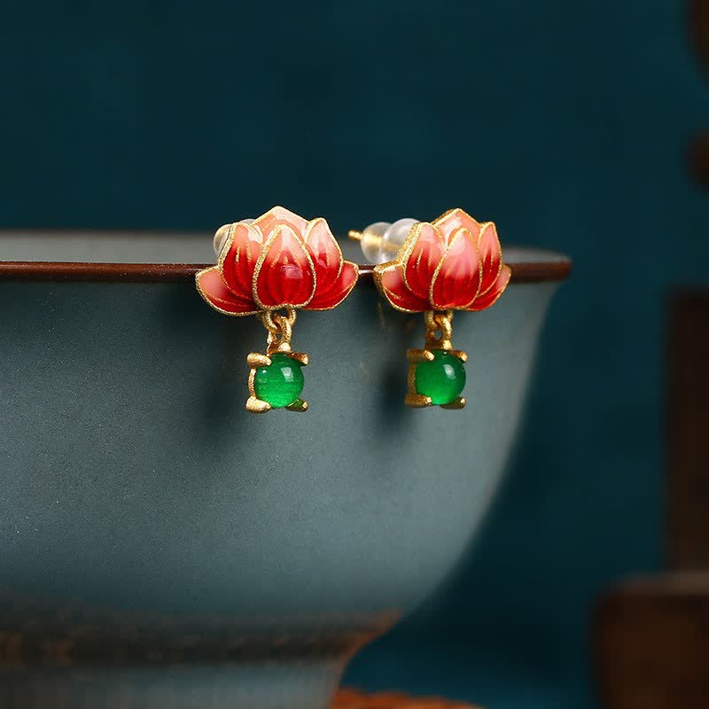 Buddha Stones Boucles d'oreilles pendantes en émail doré et jade lotus, motif nouveaux départs - Lotus (Éveil ♥ Nouveaux Départs) - Jade (Prospérité ♥ Chance) - image 0