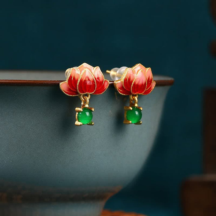 Buddha Stones Boucles d'oreilles pendantes en émail doré et jade lotus, motif nouveaux départs - Lotus (Éveil ♥ Nouveaux Départs) - Jade (Prospérité ♥ Chance) - image 0
