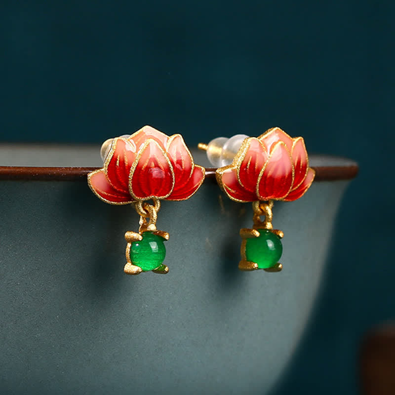 Buddha Stones Boucles d'oreilles pendantes en émail doré et jade lotus, motif nouveaux départs - image 1