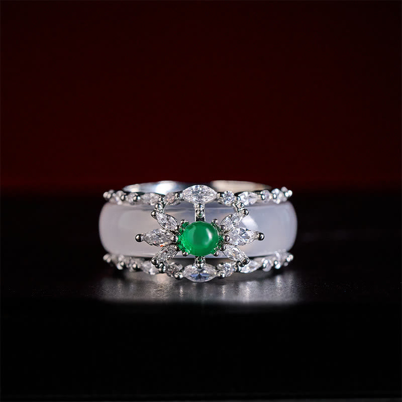 Buddha Stones Bague positive en zircon vert et calcédoine en forme de fleur - image 7