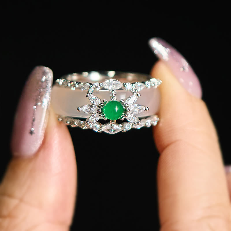 Buddha Stones Bague positive en zircon vert et calcédoine en forme de fleur - image 9