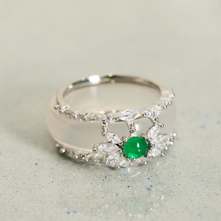 Buddha Stones Bague positive en zircon vert et calcédoine en forme de fleur - image 2