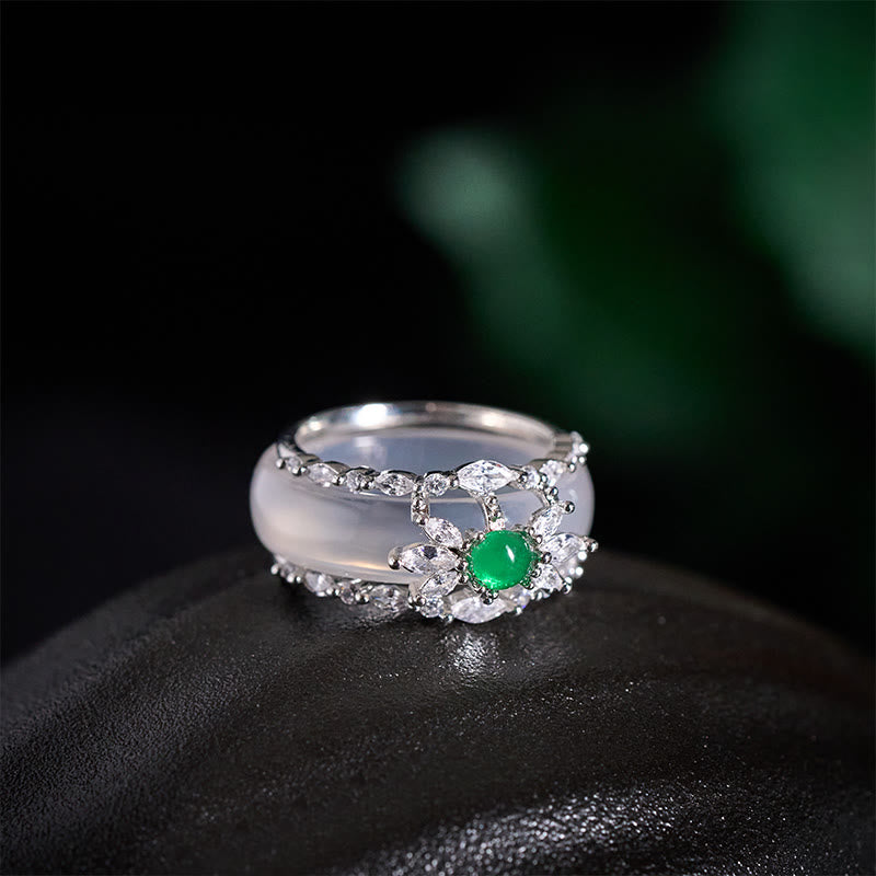 Buddha Stones Bague positive en zircon vert et calcédoine en forme de fleur - image 8
