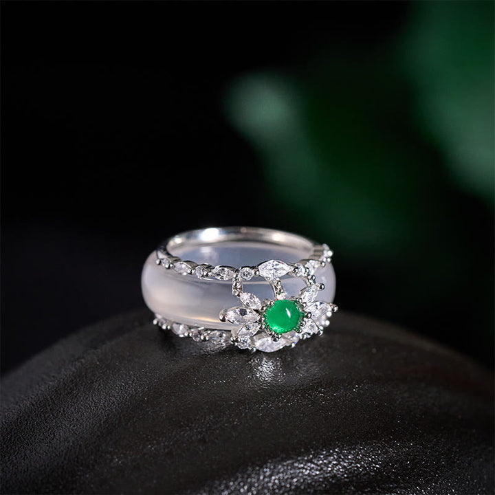 Buddha Stones Bague positive en zircon vert et calcédoine en forme de fleur - image 8