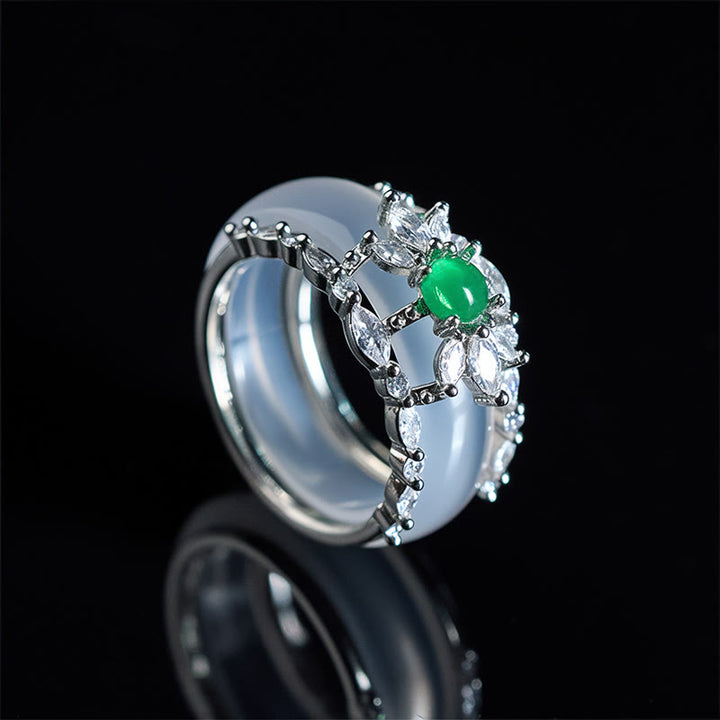 Buddha Stones Bague positive en zircon vert et calcédoine en forme de fleur - Calcédoine (US 8) - image 0