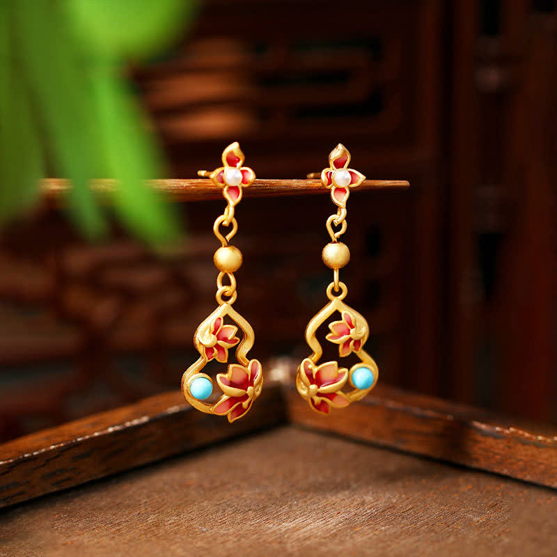 Buddha Stones Boucles d'oreilles pendantes turquoise cloisonnées Lotus Gourd Accent Illumination - Lotus (Éveil ♥ Nouveaux Départs) - Cuivre (Connexion harmonique ♥ Mise à la terre) - image 0