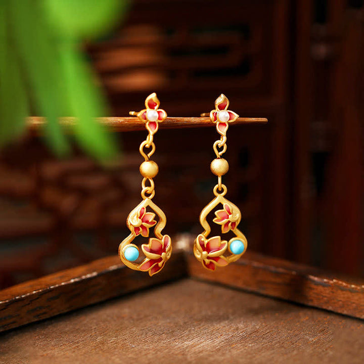 Buddha Stones Boucles d'oreilles pendantes turquoise cloisonnées Lotus Gourd Accent Illumination - Lotus (Éveil ♥ Nouveaux Départs) - Cuivre (Connexion harmonique ♥ Mise à la terre) - image 0