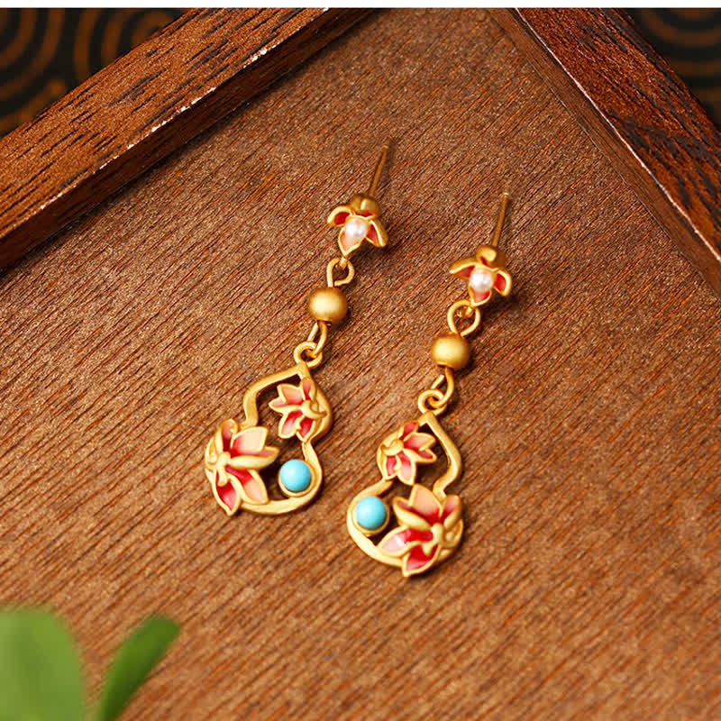 Buddha Stones Boucles d'oreilles pendantes turquoise cloisonnées Lotus Gourd Accent Illumination - image 1
