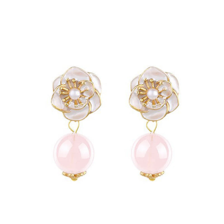 Buddha Stones Boucles d'oreilles pendantes en quartz rose camélia, symbole d'énergie bienveillante - image 3