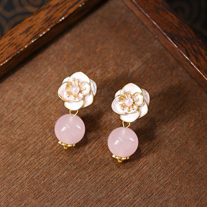 Buddha Stones Boucles d'oreilles pendantes en quartz rose camélia, symbole d'énergie bienveillante - image 1