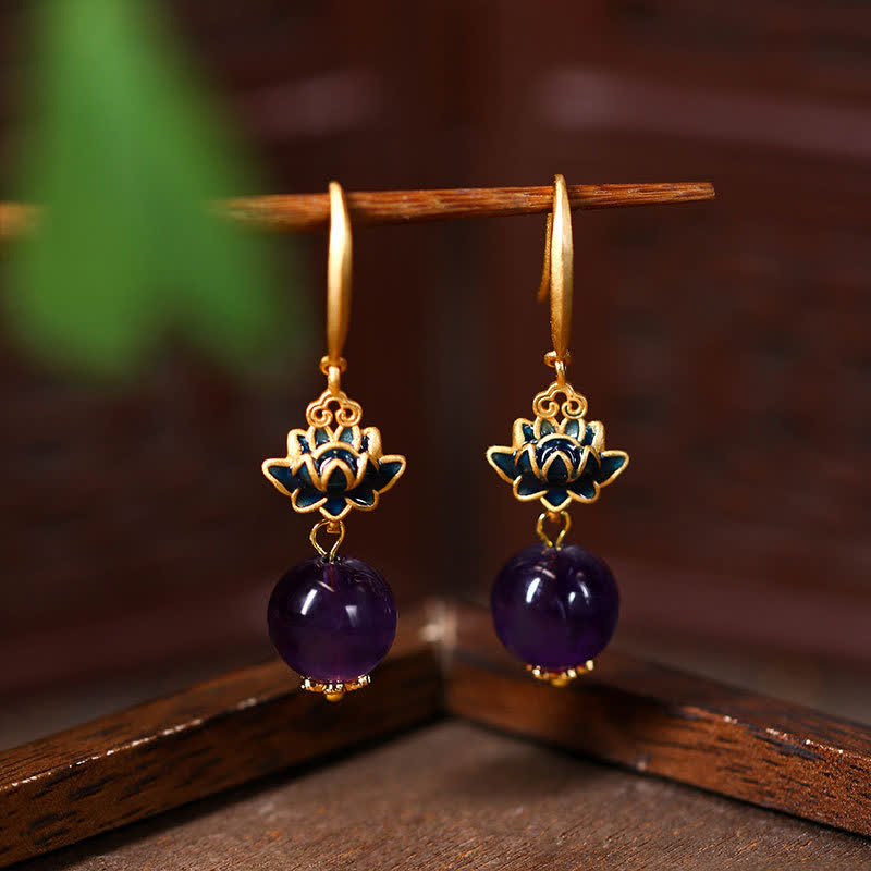 Buddha Stones Boucles d'oreilles pendantes Améthyste Lotus Éveil - Lotus (Éveil ♥ Nouveaux Départs) - Améthyste (Soulagement du stress ♥ Intuition) - image 0