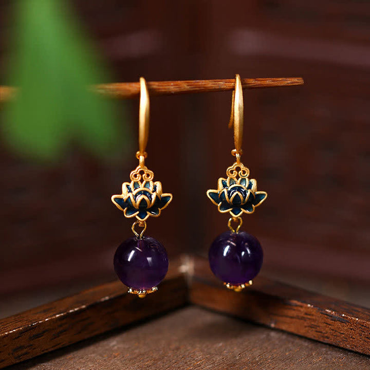 Buddha Stones Boucles d'oreilles pendantes Améthyste Lotus Éveil - Lotus (Éveil ♥ Nouveaux Départs) - Améthyste (Soulagement du stress ♥ Intuition) - image 0