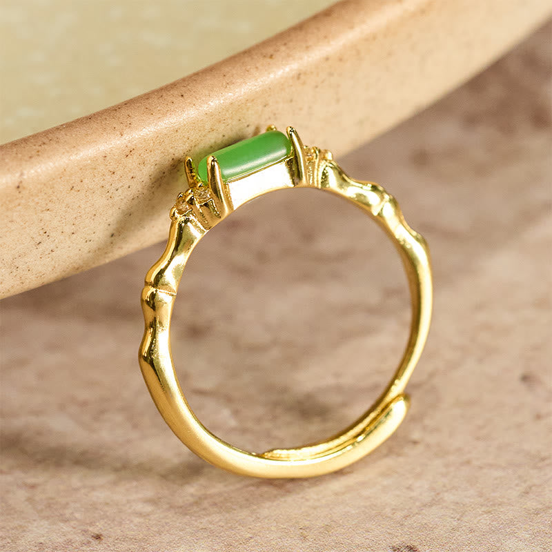 Buddha Stones Bague ajustable carrée en agate verte naturelle, bambou et cuivre - image 1