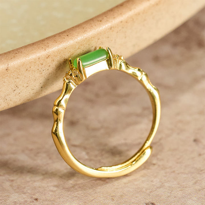 Buddha Stones Bague ajustable carrée en agate verte naturelle, bambou et cuivre - image 1