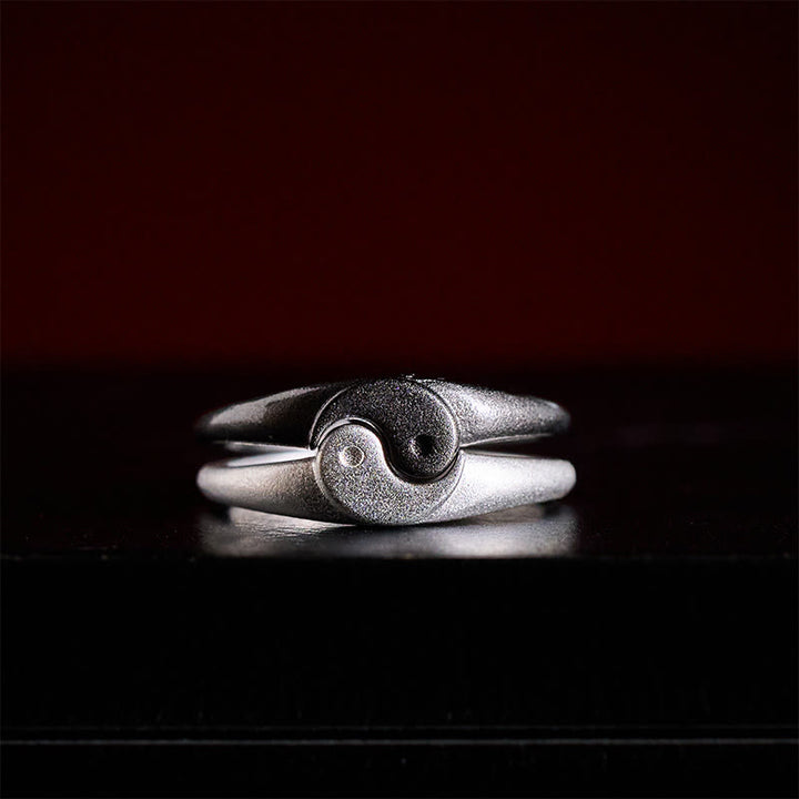 Buddha Stones Bague ajustable rétro Yin Yang en cuivre texturé Harmonie - 2 pièces Yin et Yang (réglables) - image 0