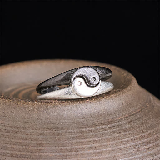 Buddha Stones Bague ajustable rétro Yin Yang en cuivre texturé Harmonie - image 2