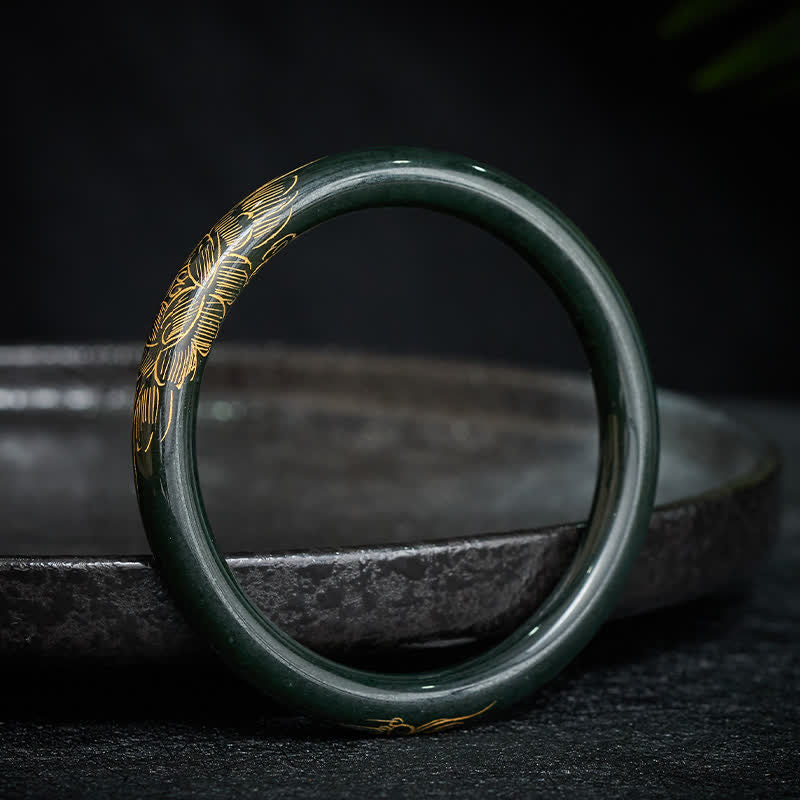 Buddha Stones Bracelet jonc en jade cyan naturel avec motif de lotus et de carpe koï, symbole d'éveil - Jade cyan (60–62 mm) - image 0